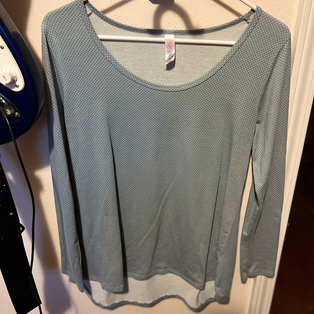 Beautiful light blue white Polka dot long sleeve scoop neck shirt